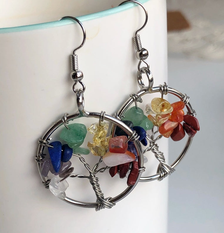 "Rainbow" Tree of Life 7 Chakra Crystal Earrings