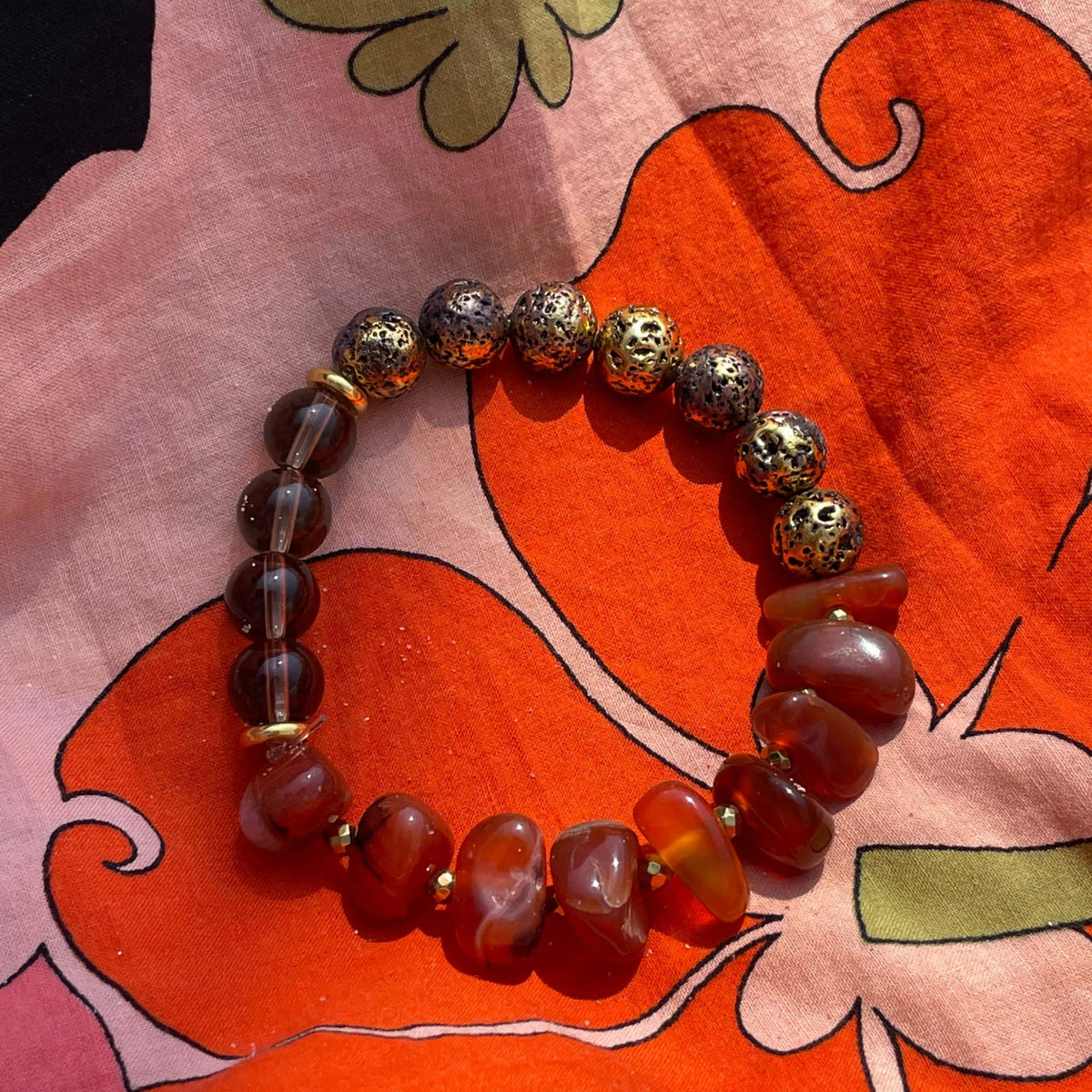 Luxury Carnelian Bracelet | Gold Lava Stone & Smoky Quartz | Natural Gemstone Jewelry