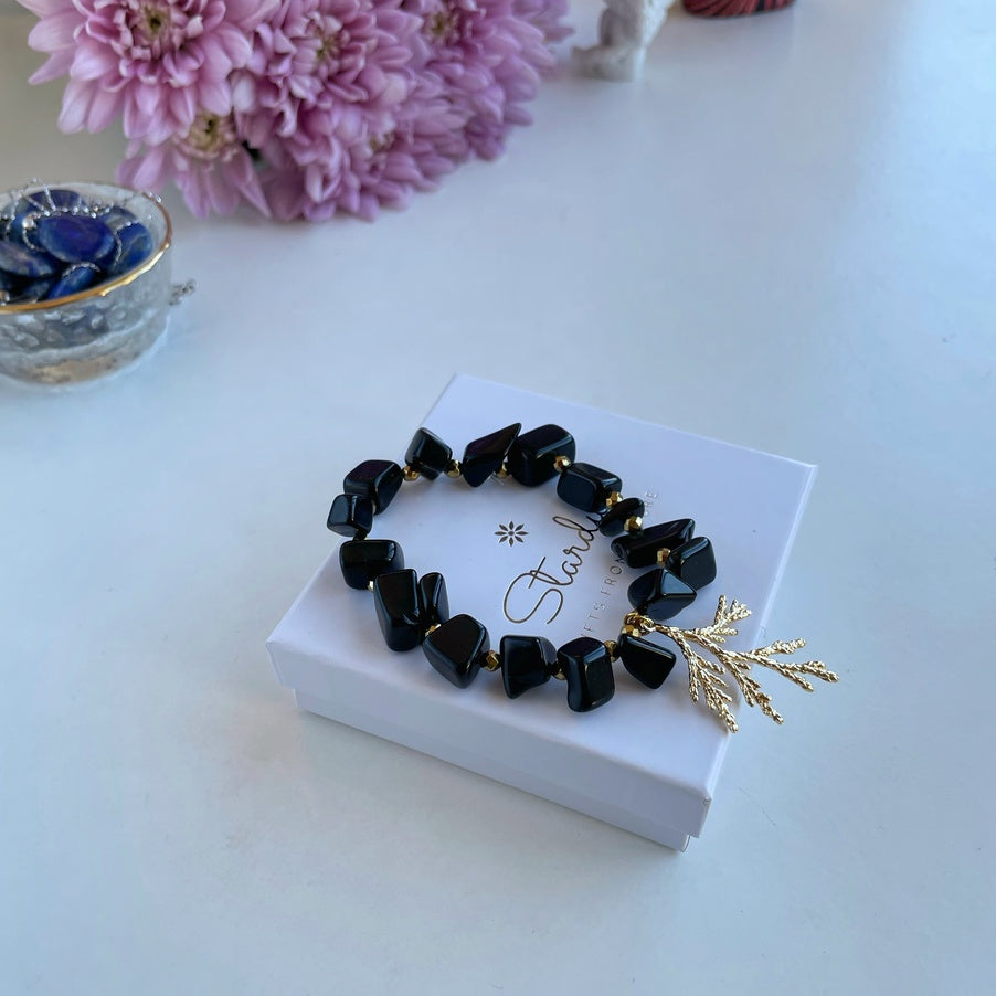 Obsidian bracelet for women with gold coral charm