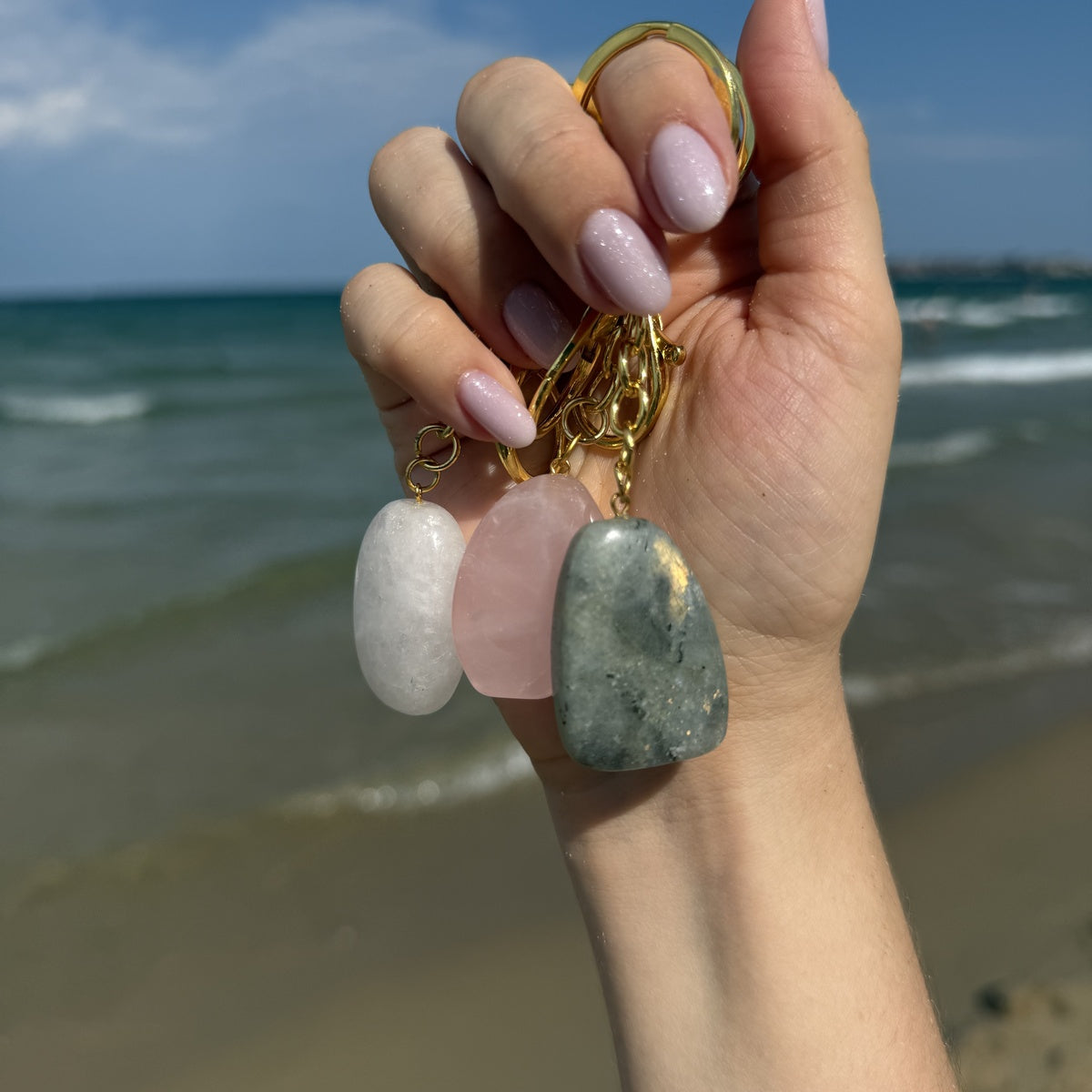 Natural Crystal Keychain, Large Tumbled Gemstone Keychain, Crystal Gift, Gold Keyring with Clasp
