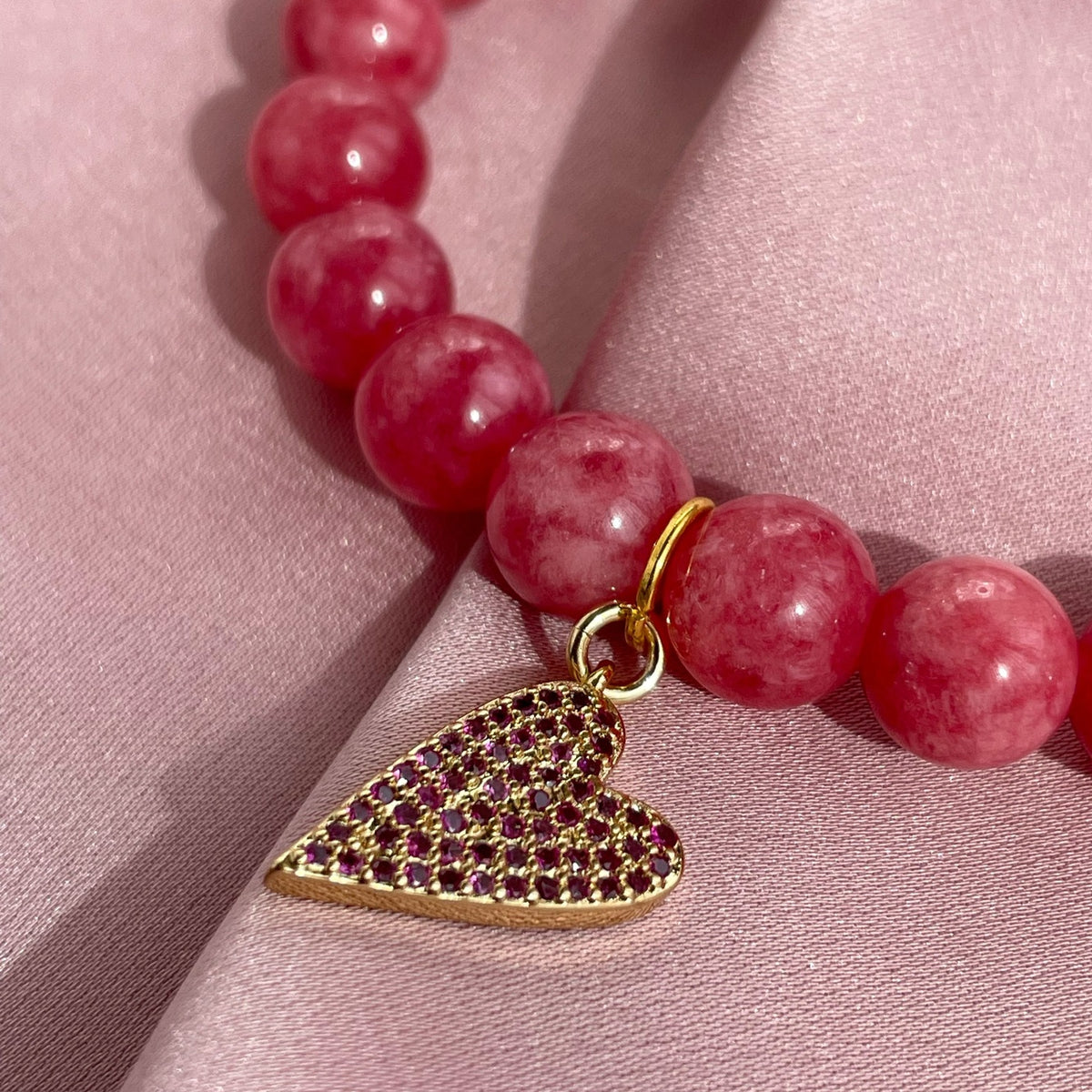 Rose Jade Heart Charm Bracelet | Pink Gemstone & Gold Zirconia