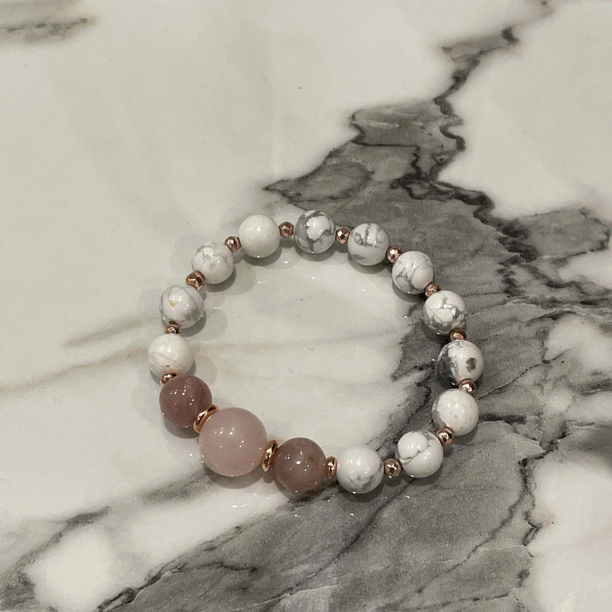 White Howlite, Rose Quartz & Kunzite Bracelet | Rose Gold