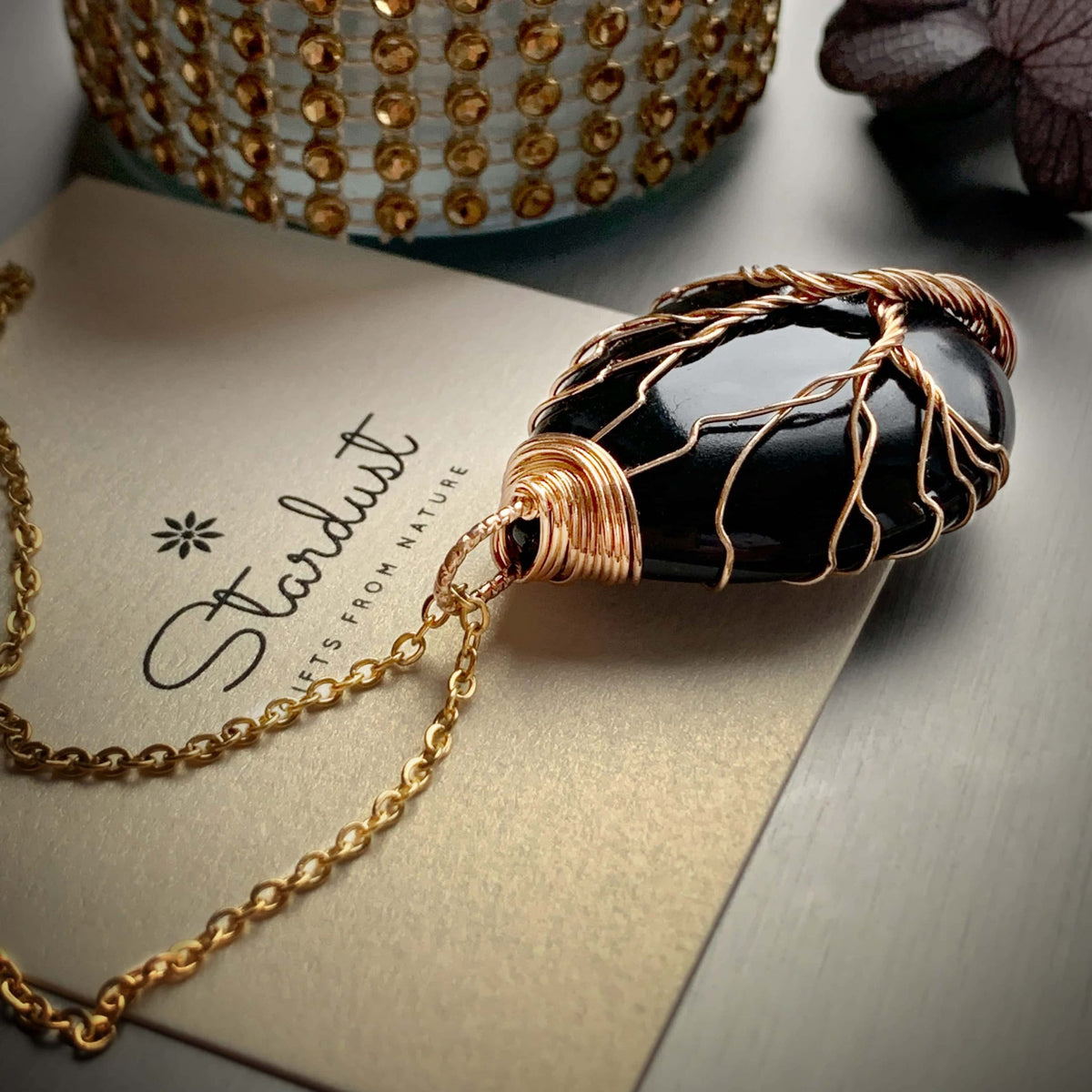 Obsidian Pendant, gold wired Tree Of Life pendant