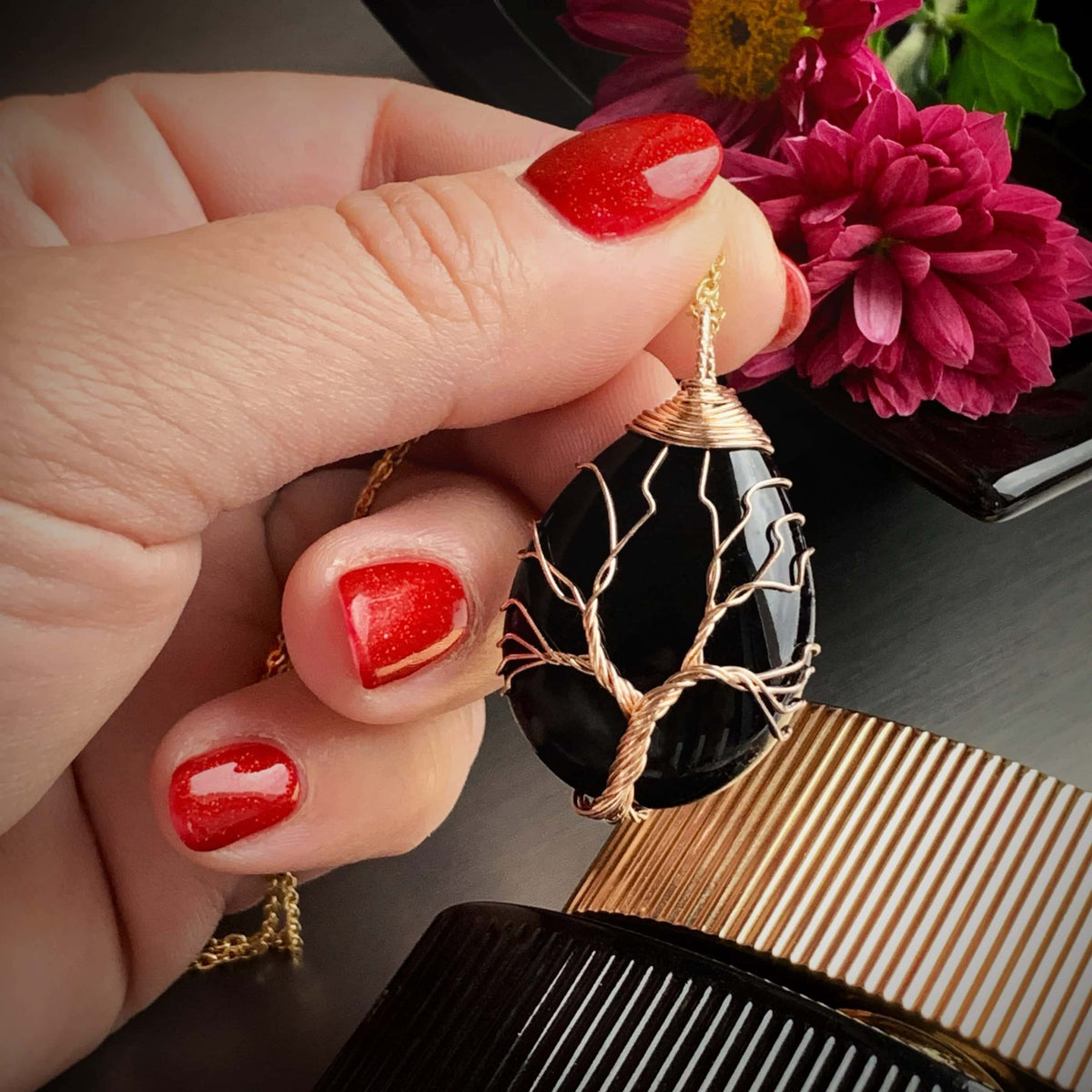 Obsidian Pendant, gold wired Tree Of Life pendant