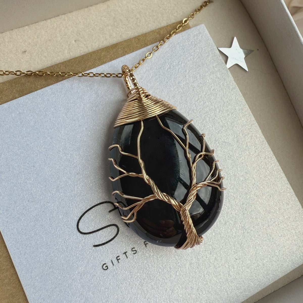 Obsidian Pendant, gold wired Tree Of Life pendant