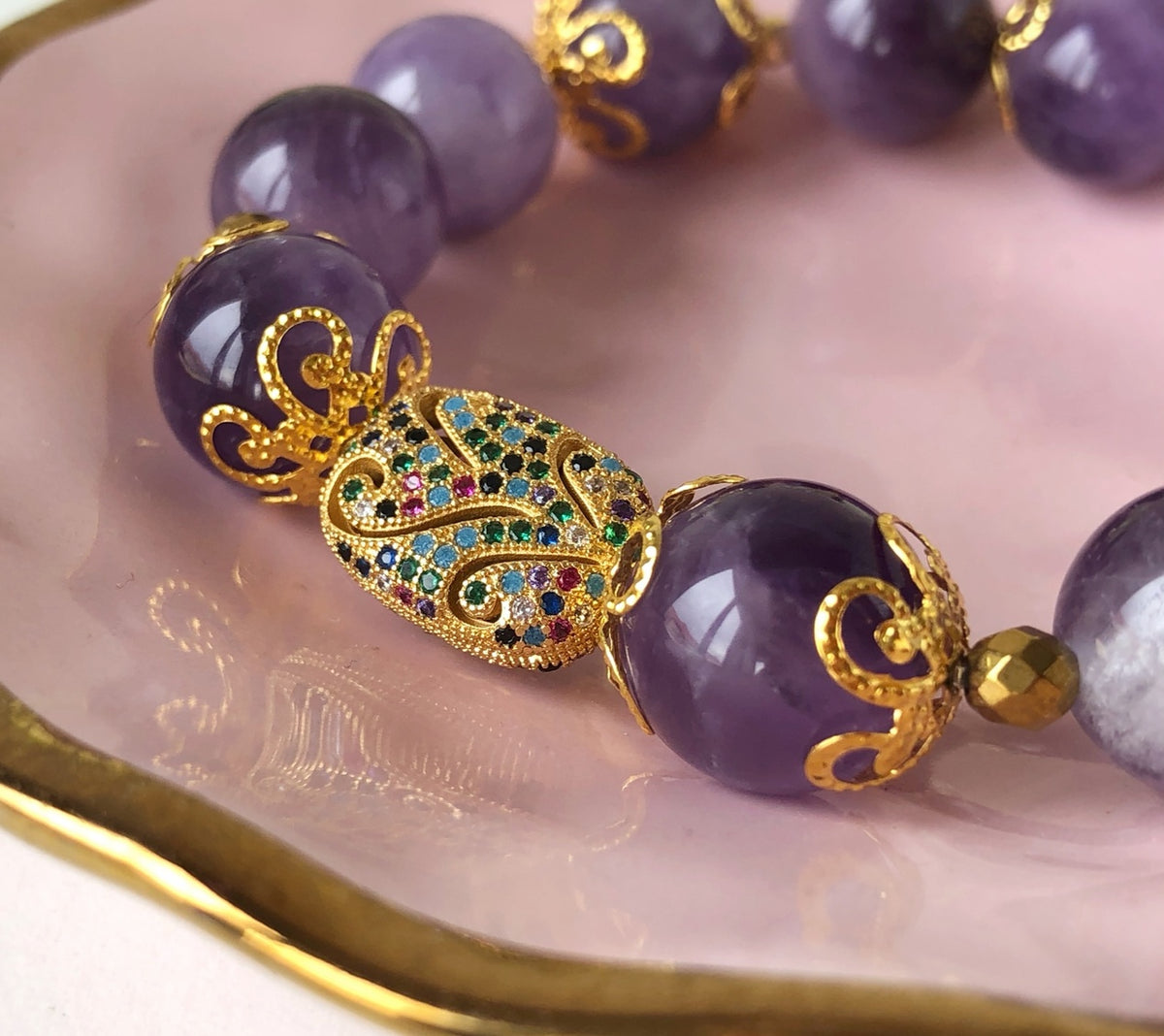 Luxury Amethyst Bracelet | Gold Filigree & Austrian Zircon Accents