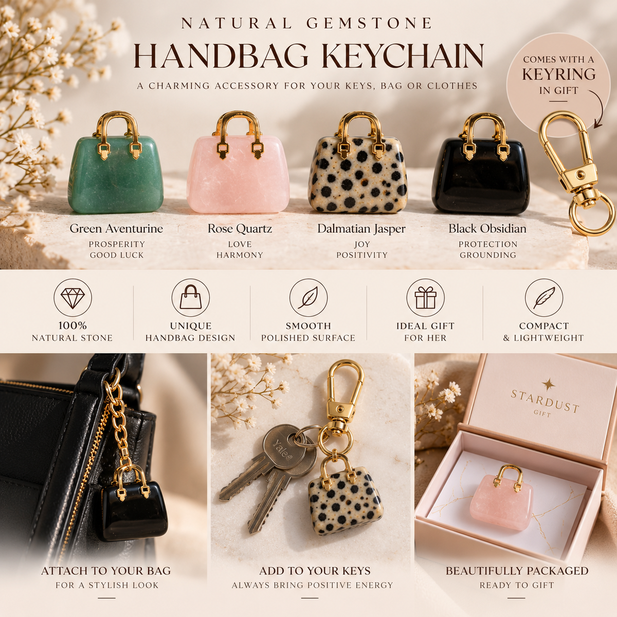 Modern Gemstone Handbag Keychain | Mini Crystal Bag Charm