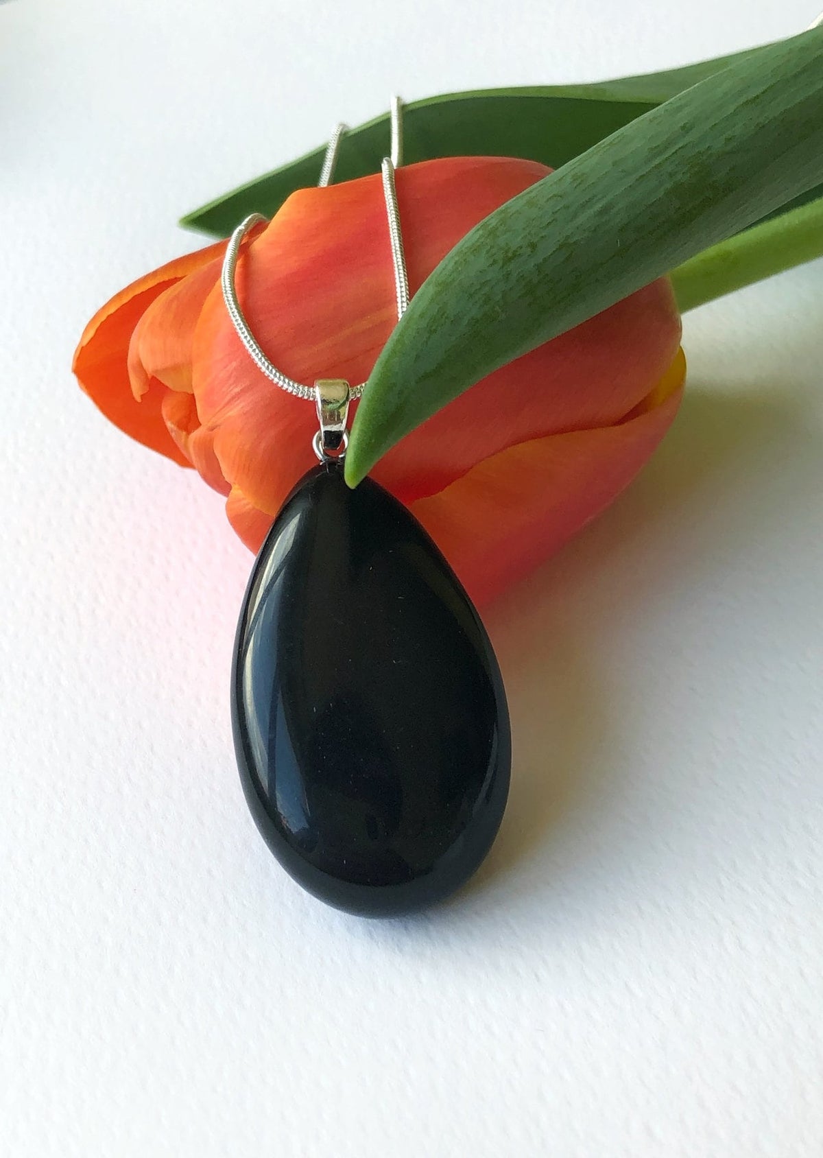 Jet Black Genuine Obsidian drop pendant 4cm