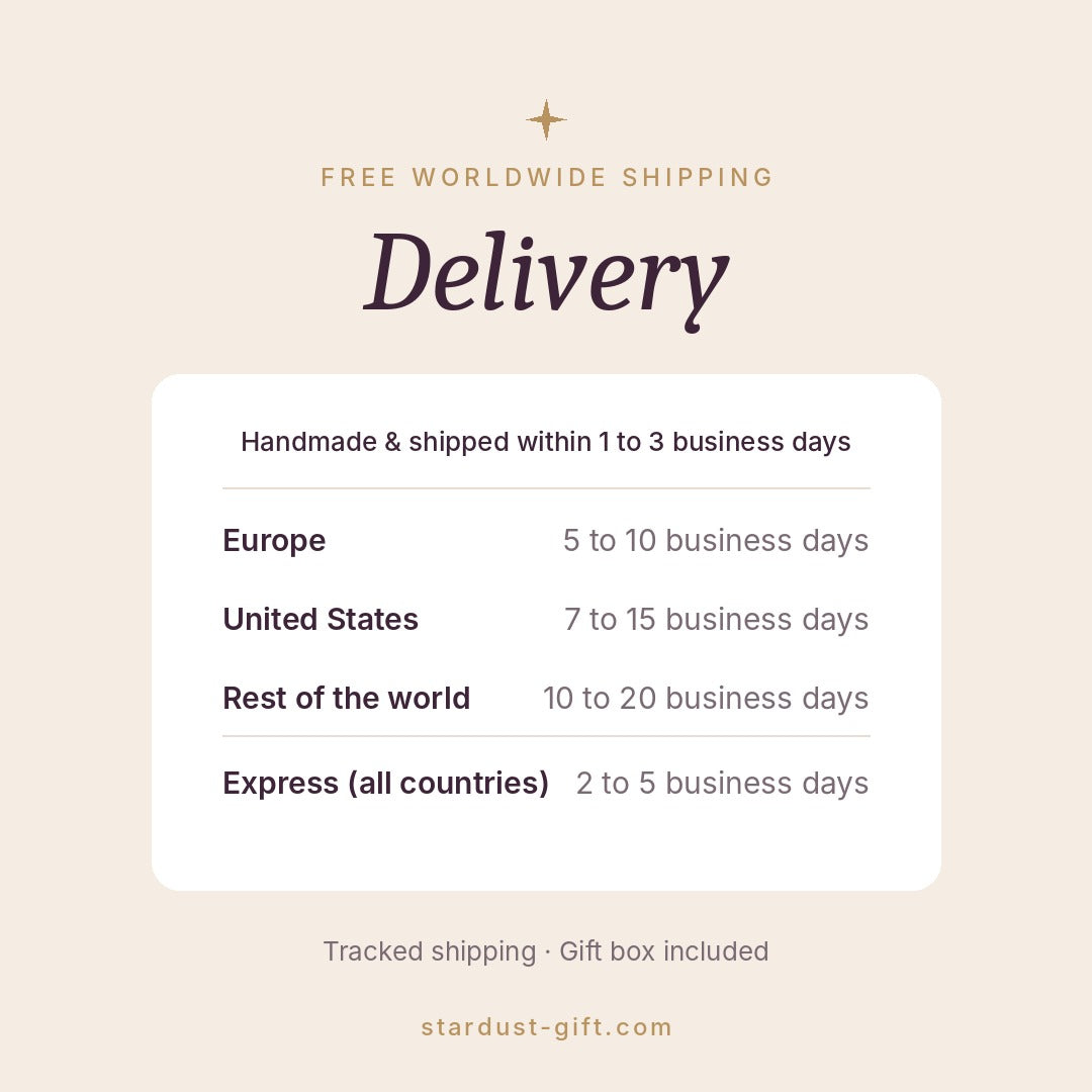 Stardust Gift delivery times: free worldwide shipping, Europe 5 to 10 business days, United States 7 to 15, rest of the world 10 to 20, express 2 to 5
