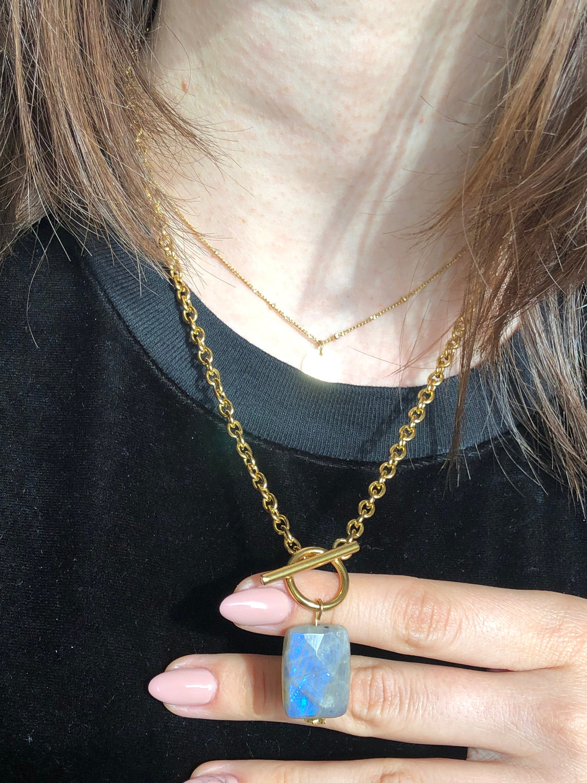 Labradorite pendant necklace, gold plated stainless steel chain