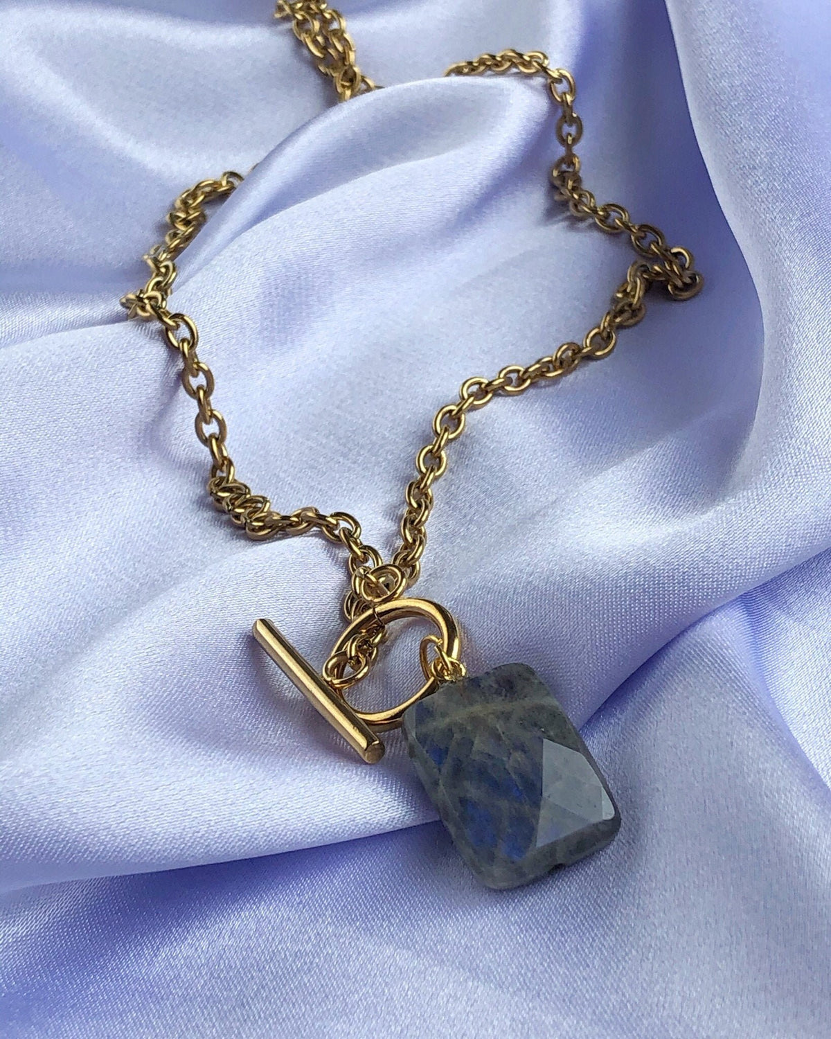 Labradorite pendant necklace, gold plated stainless steel chain