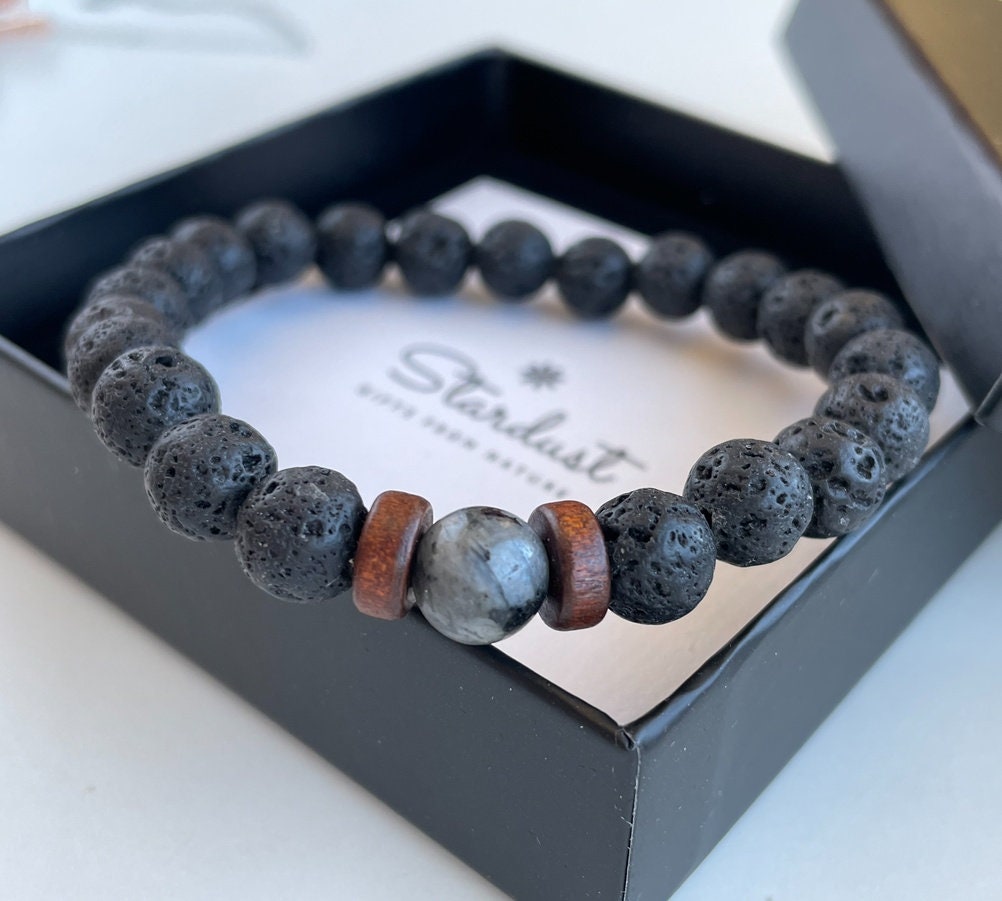 Black lava stone mens bracelet