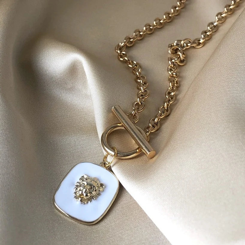 Luxury Gold-Filled Lion Necklace - Stainless Steel Chain Black Enamel Lion Pendant, Layering necklace