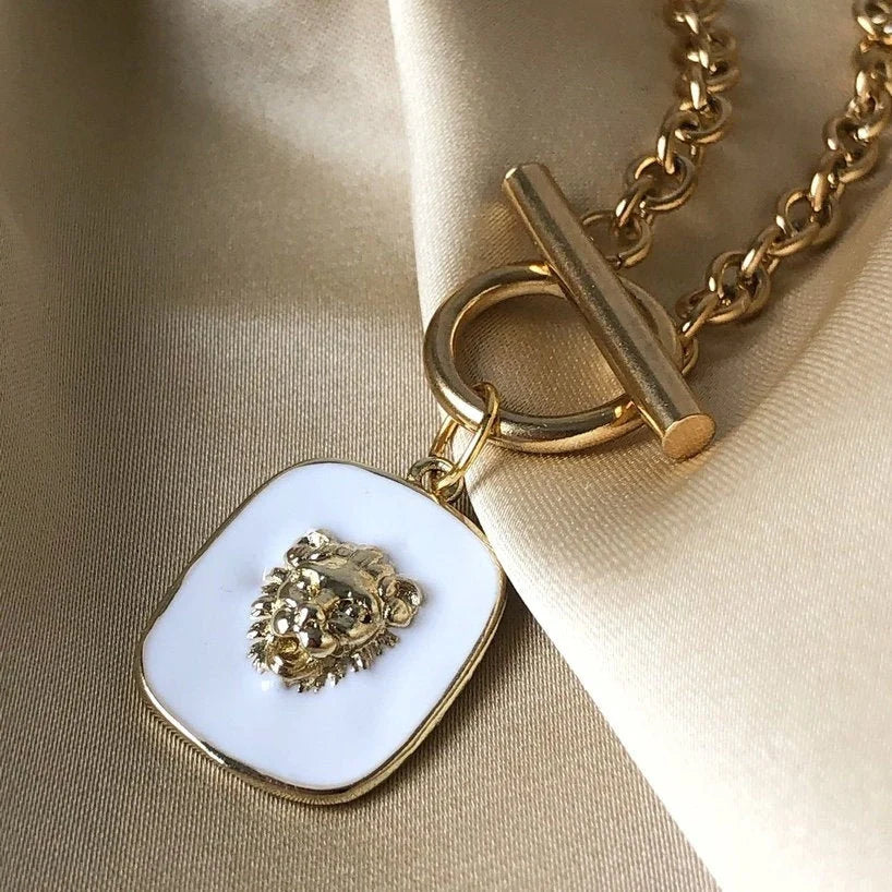 Luxury Gold-Filled Lion Necklace - Stainless Steel Chain Black Enamel Lion Pendant, Layering necklace
