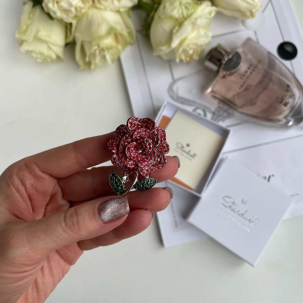 Red Rose Brooch, red zircon brooch