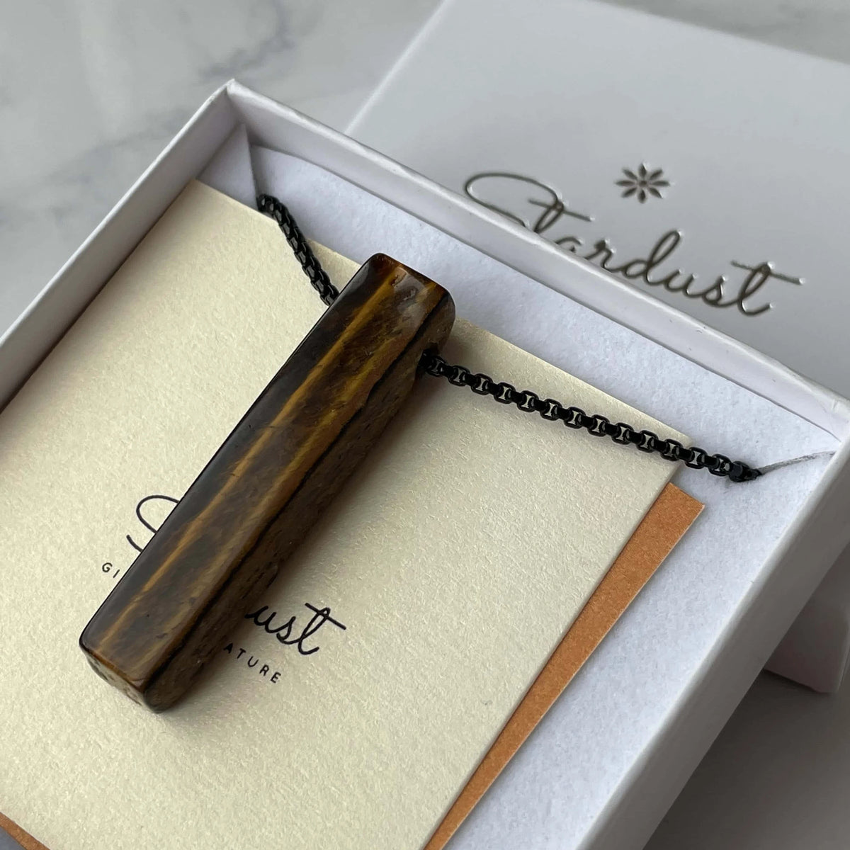Natural Gemstone Bar pendant on black steel chain for men