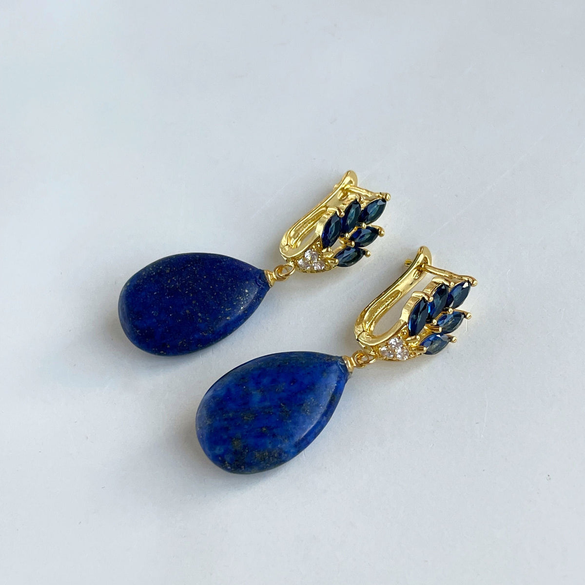 Drop Lapis Lazuli Earrings with blue zircons
