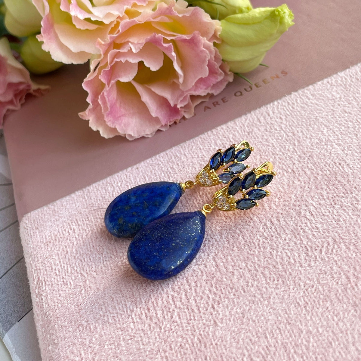 Drop Lapis Lazuli Earrings with blue zircons
