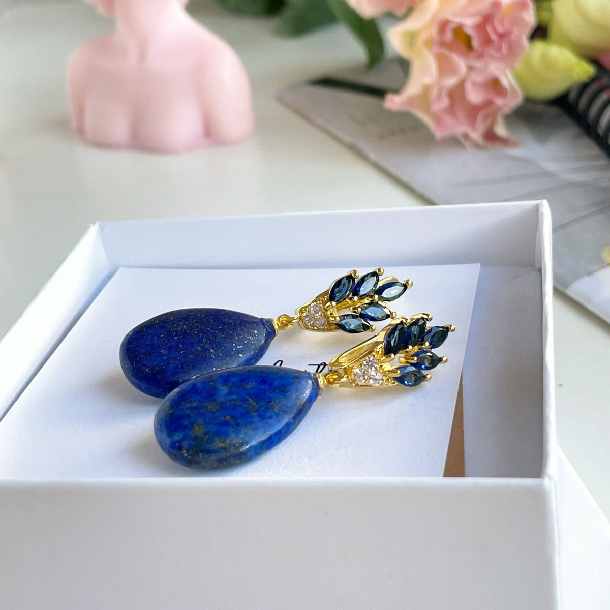 Drop Lapis Lazuli Earrings with blue zircons