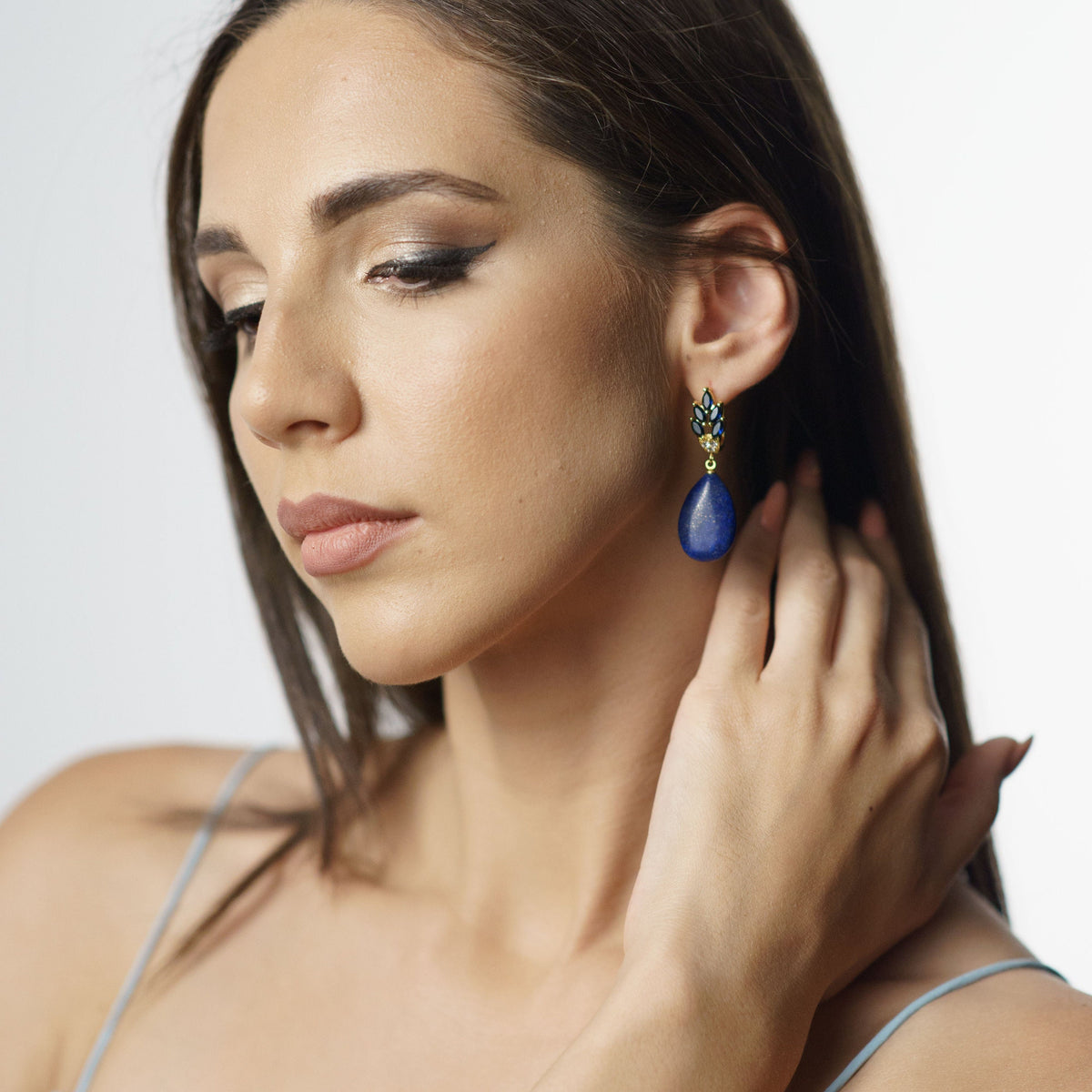 Drop Lapis Lazuli Earrings with blue zircons