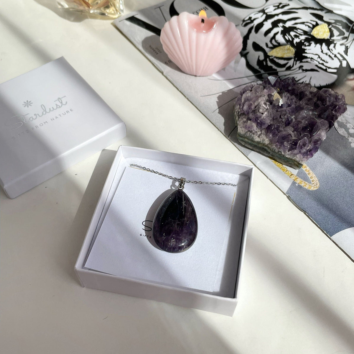 Large deep Purple Amethyst Necklace Pendant drop shape