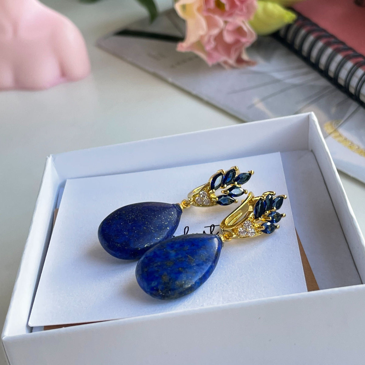 Drop Lapis Lazuli Earrings with blue zircons