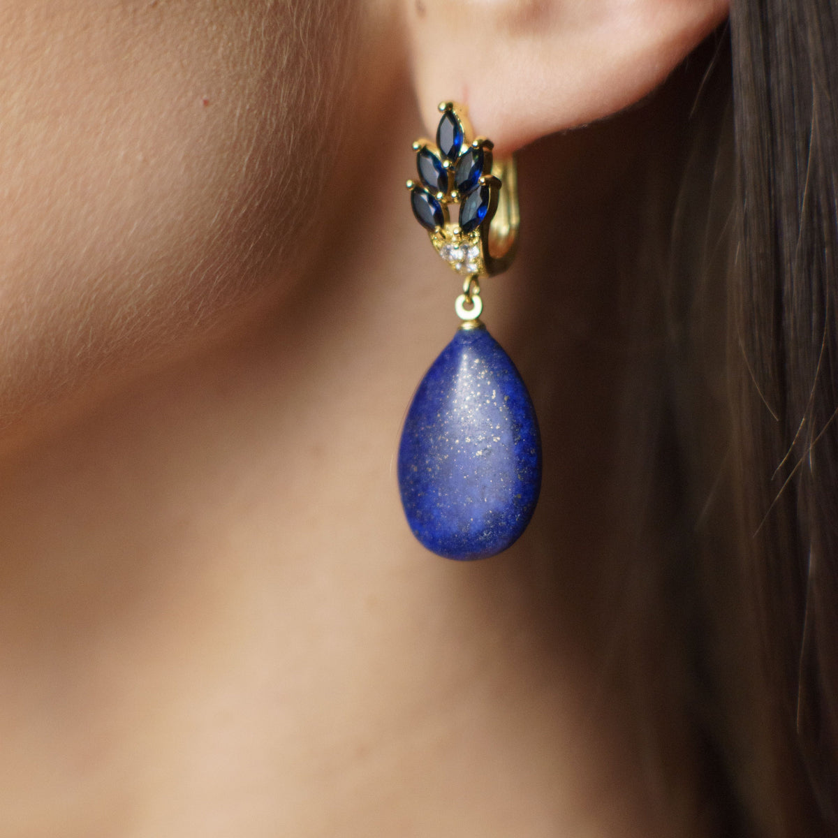 Drop Lapis Lazuli Earrings with blue zircons