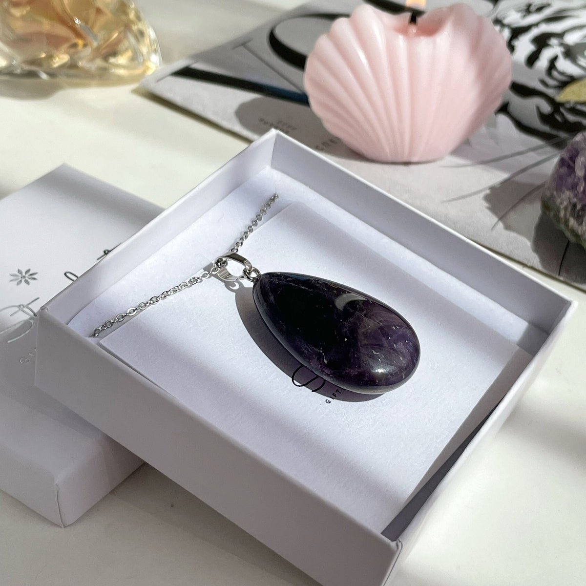 Large deep Purple Amethyst Necklace Pendant drop shape