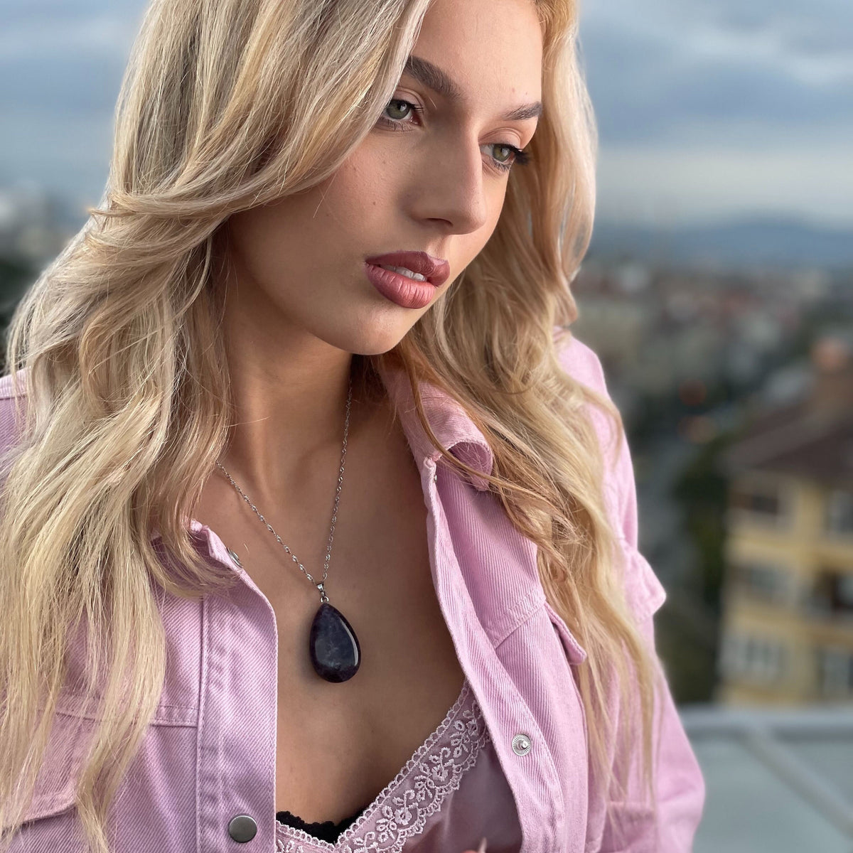 Large deep Purple Amethyst Necklace Pendant drop shape