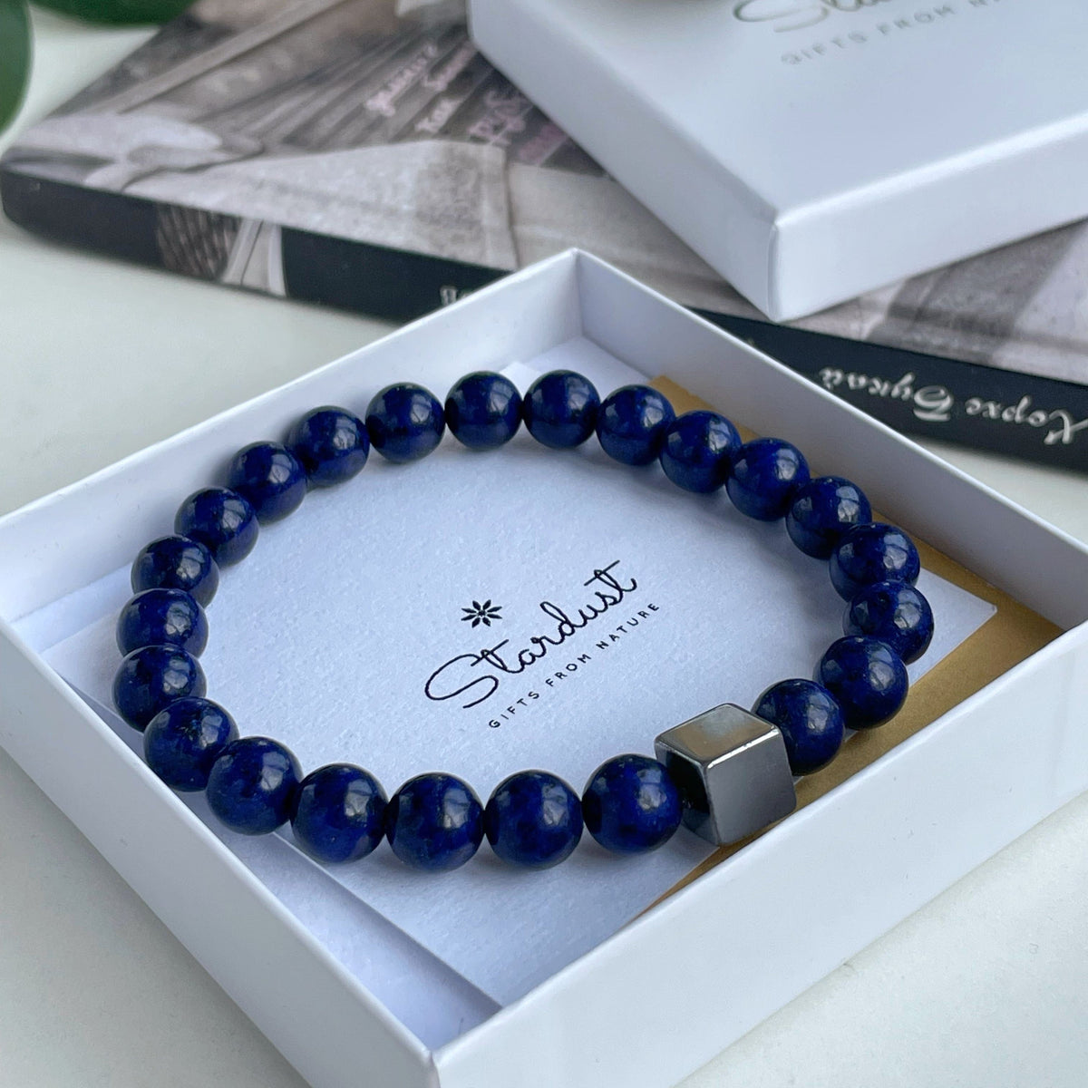 Lapis Lazuli mens bracelet with silver cube