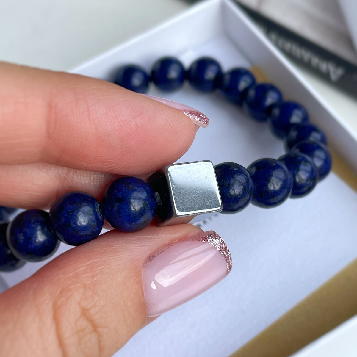 Lapis Lazuli mens bracelet with silver cube