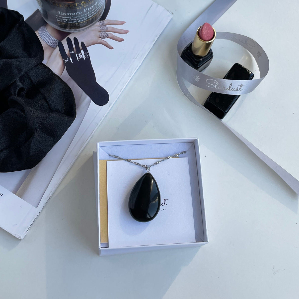 Jet Black Genuine Obsidian drop pendant 4cm