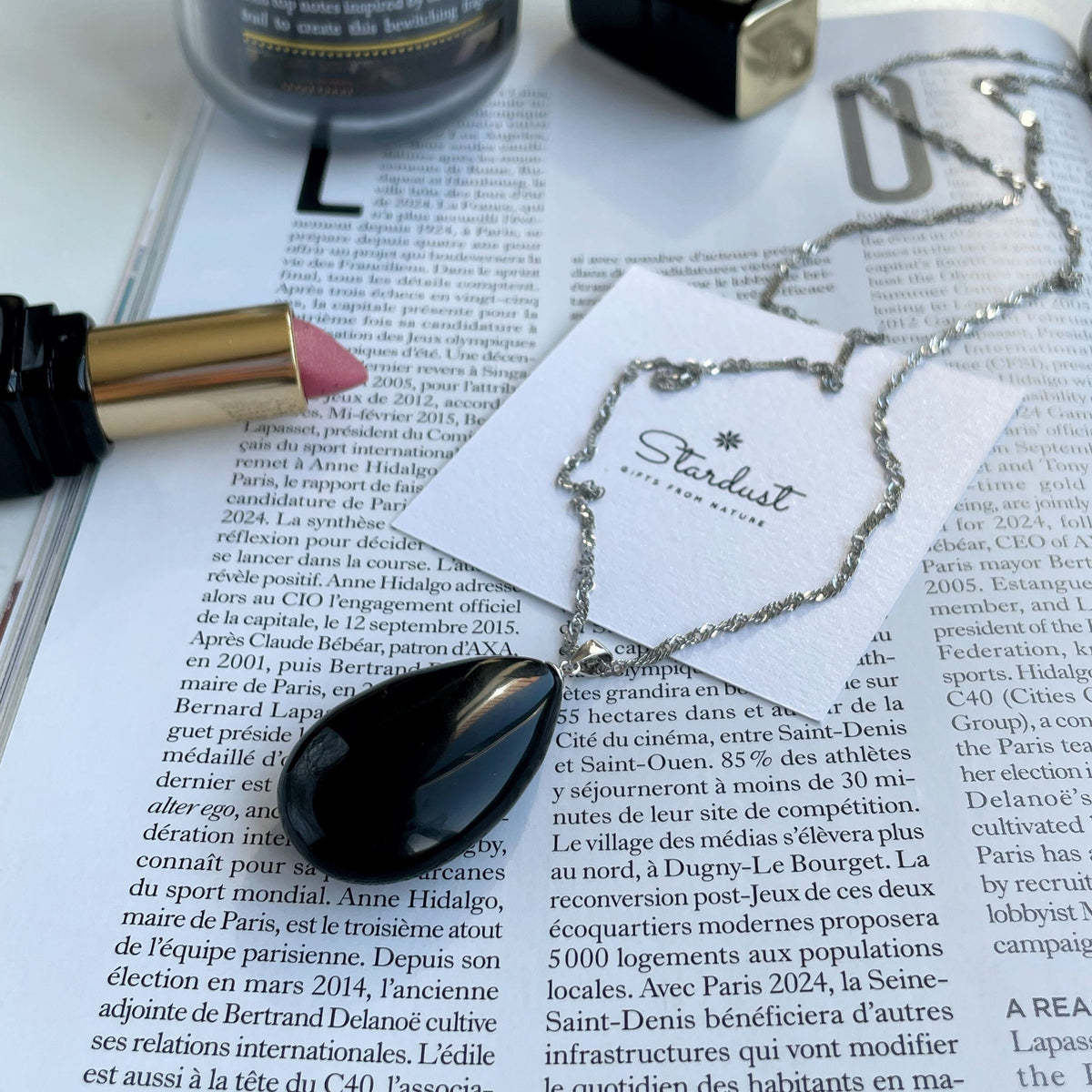 Jet Black Genuine Obsidian drop pendant 4cm