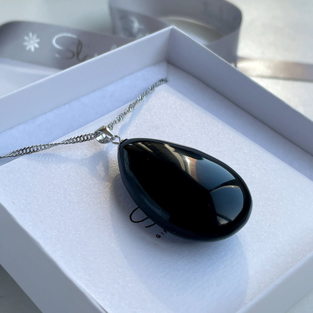 Jet Black Genuine Obsidian drop pendant 4cm