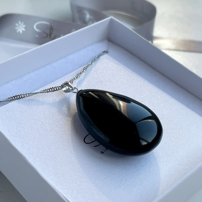 Jet Black Genuine Obsidian drop pendant 4cm