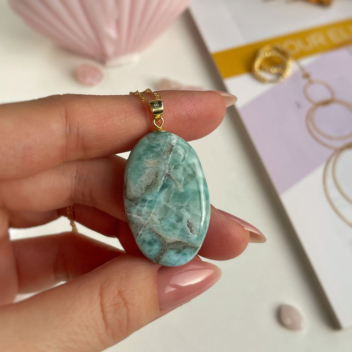 Luxury Natural Larimar Pendant Necklace, 18K Gold-Plated, A Little Piece of the Caribbean Sea