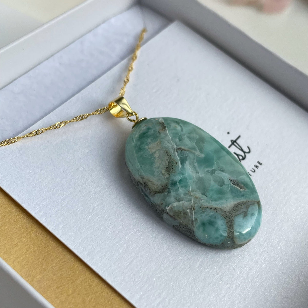 Luxury Natural Larimar Pendant Necklace, 18K Gold-Plated, A Little Piece of the Caribbean Sea