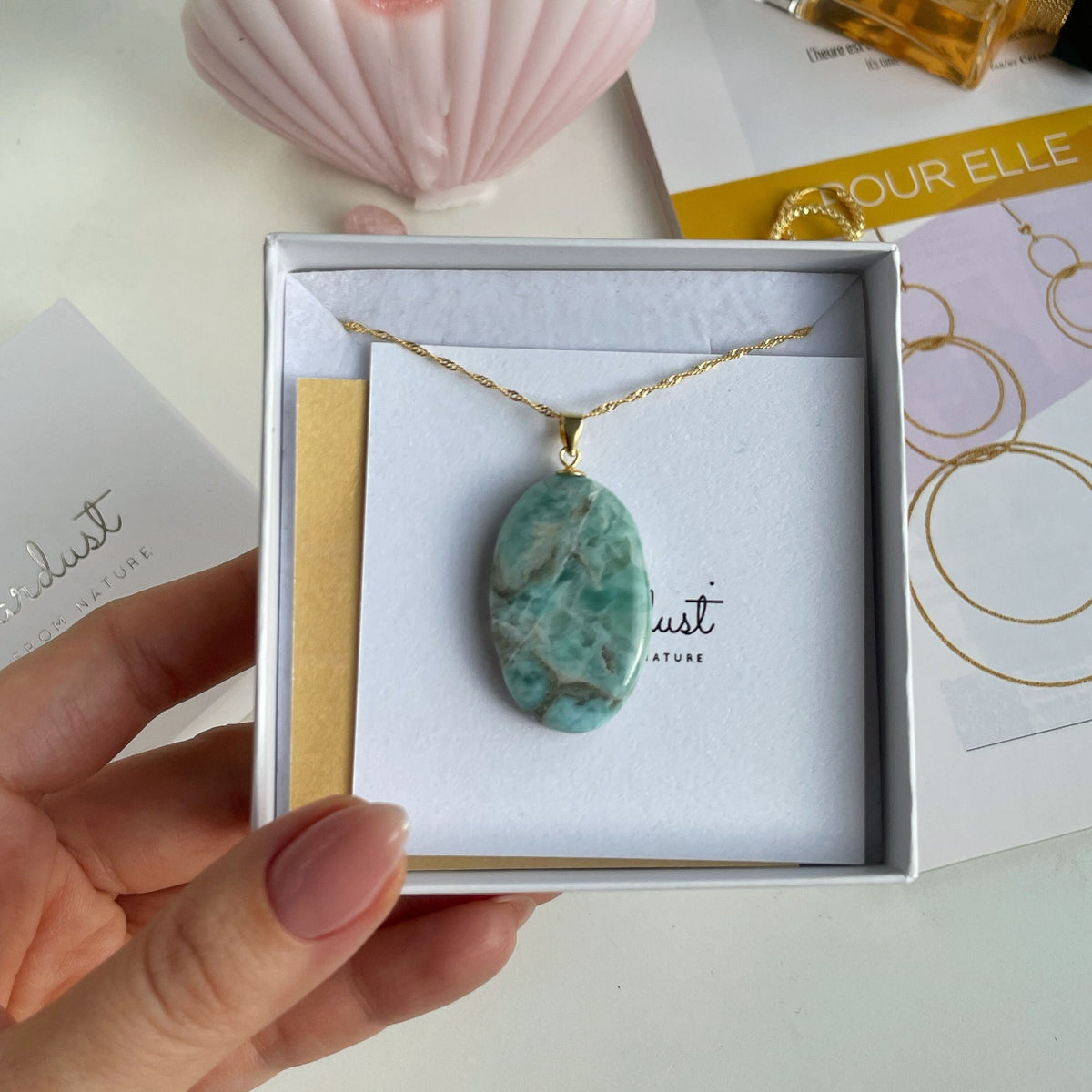 Luxury Natural Larimar Pendant Necklace, 18K Gold-Plated, A Little Piece of the Caribbean Sea