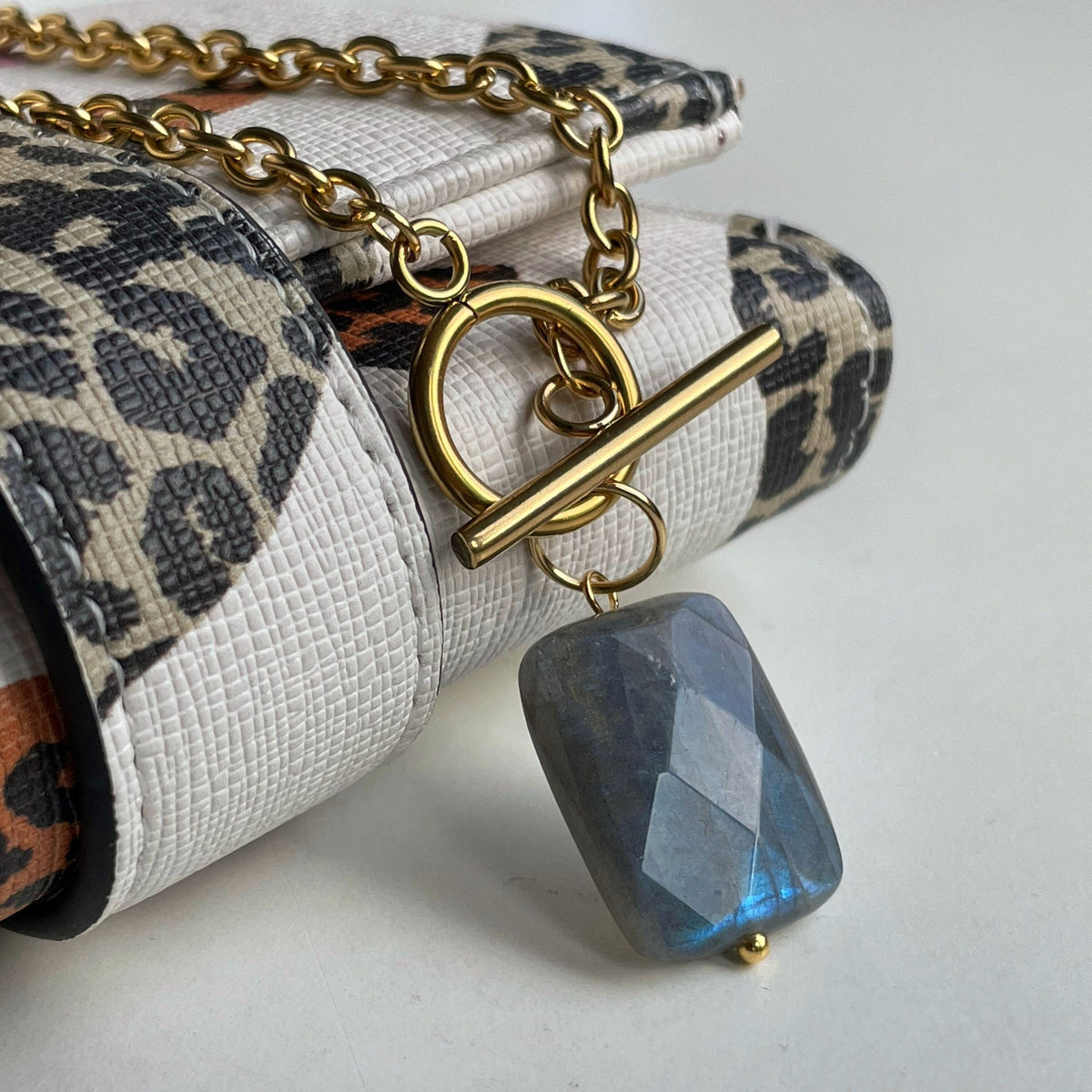 Labradorite pendant necklace, gold plated stainless steel chain