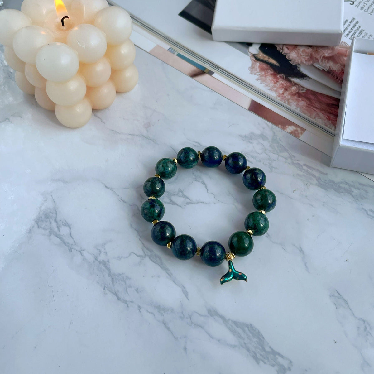 Azurite bracelet with mermaid tail charm for women