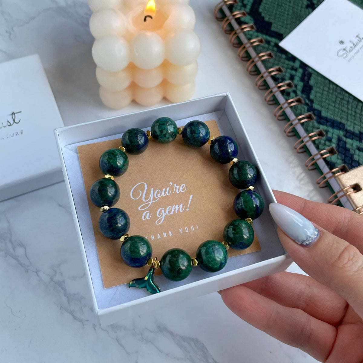 Azurite bracelet with mermaid tail charm for women