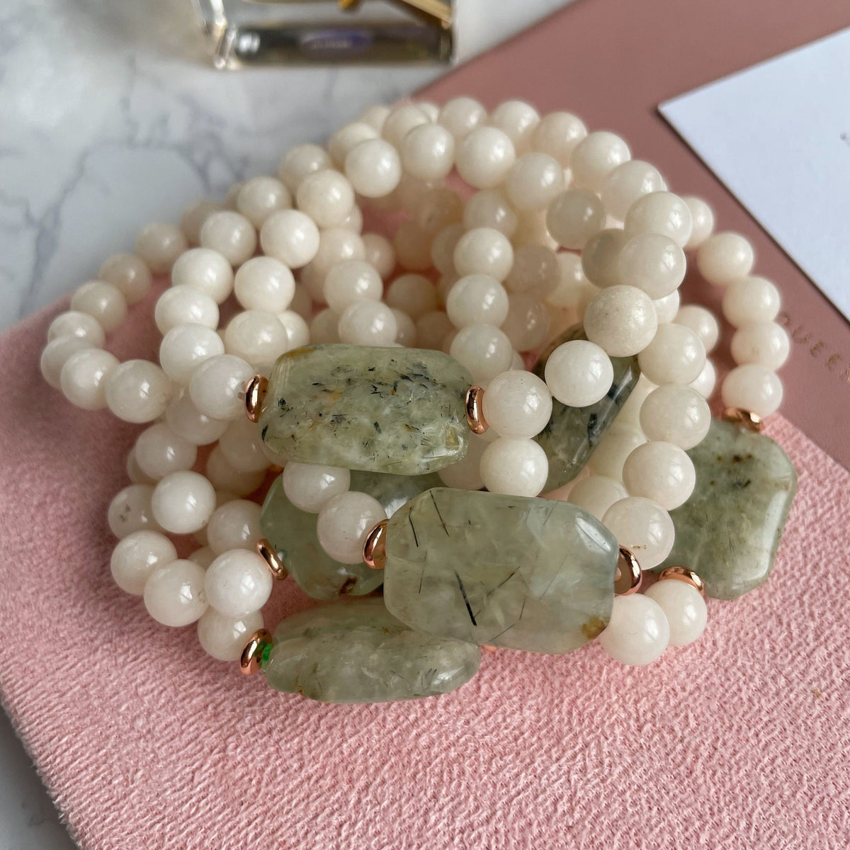 Boho Chic Prehnite bracelet with beige jade