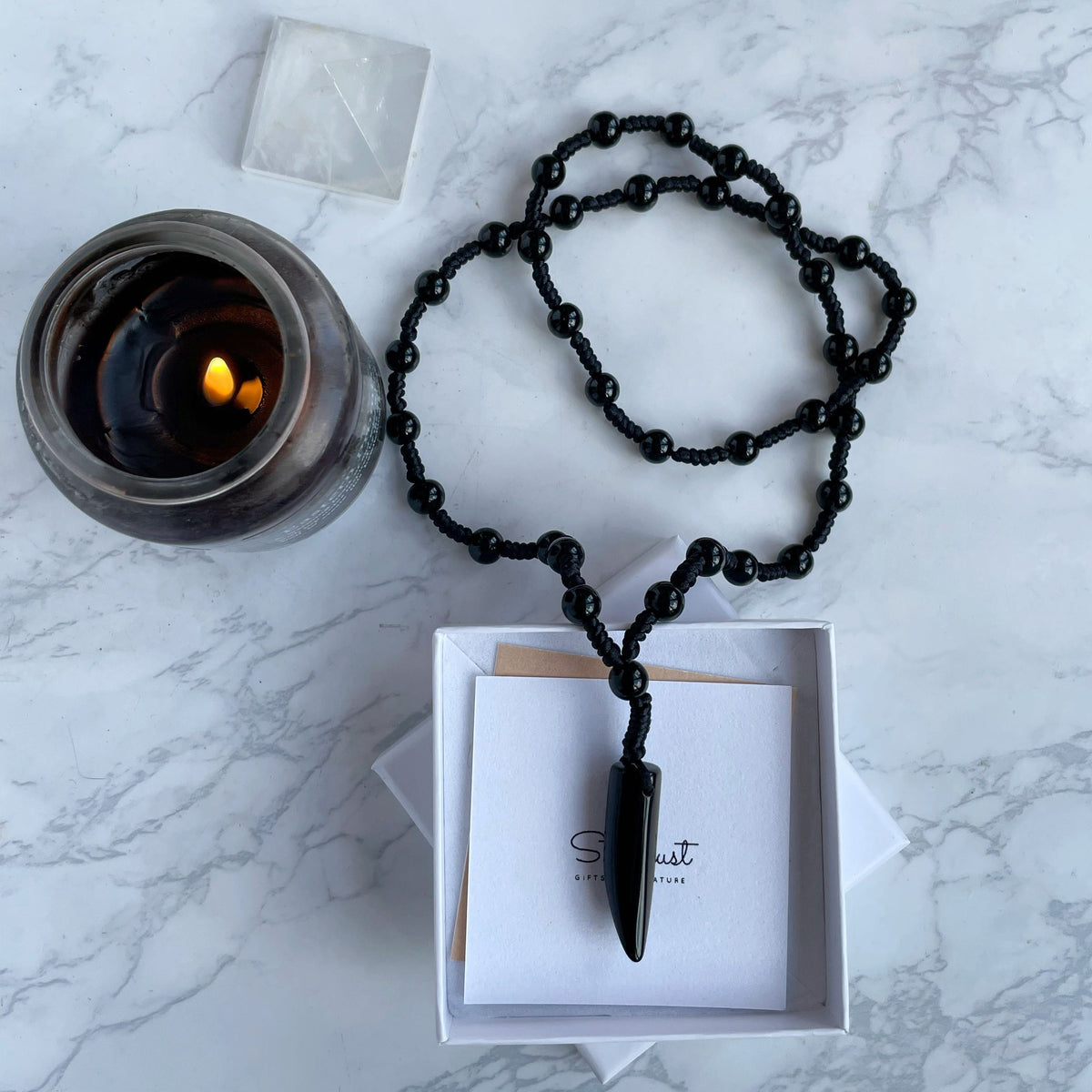 Mens large bead necklace with horn