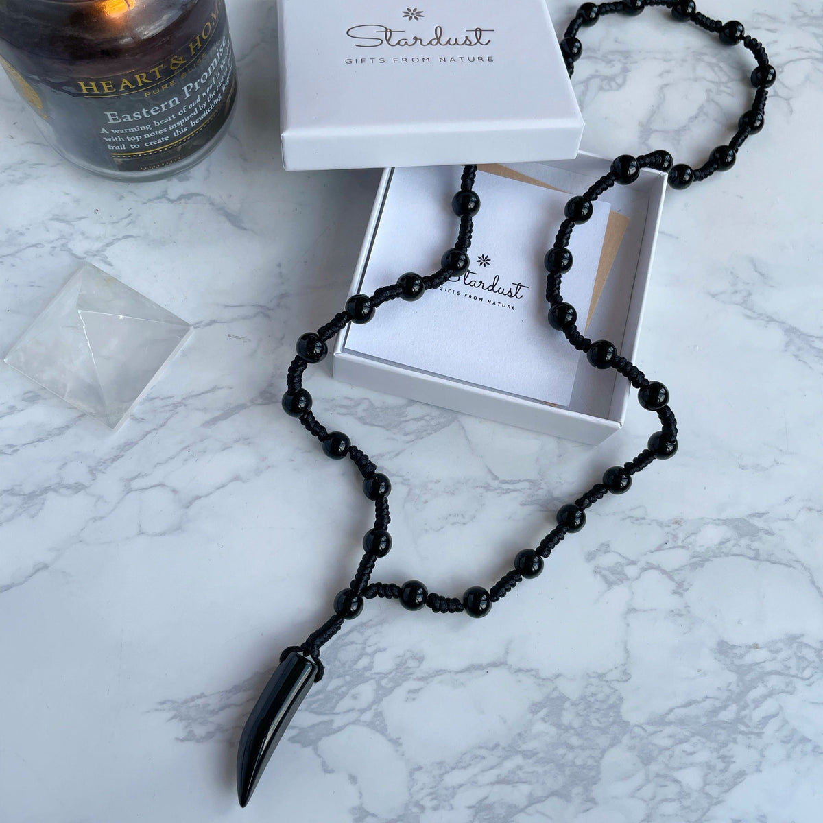 Mens large bead necklace with horn