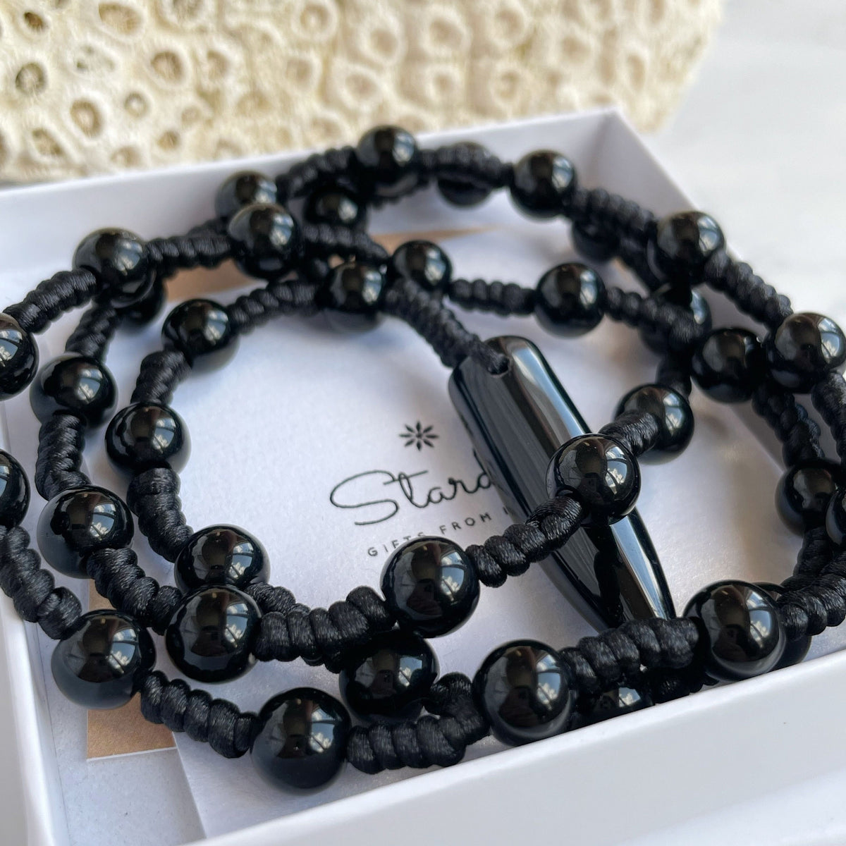 Mens large bead necklace with horn