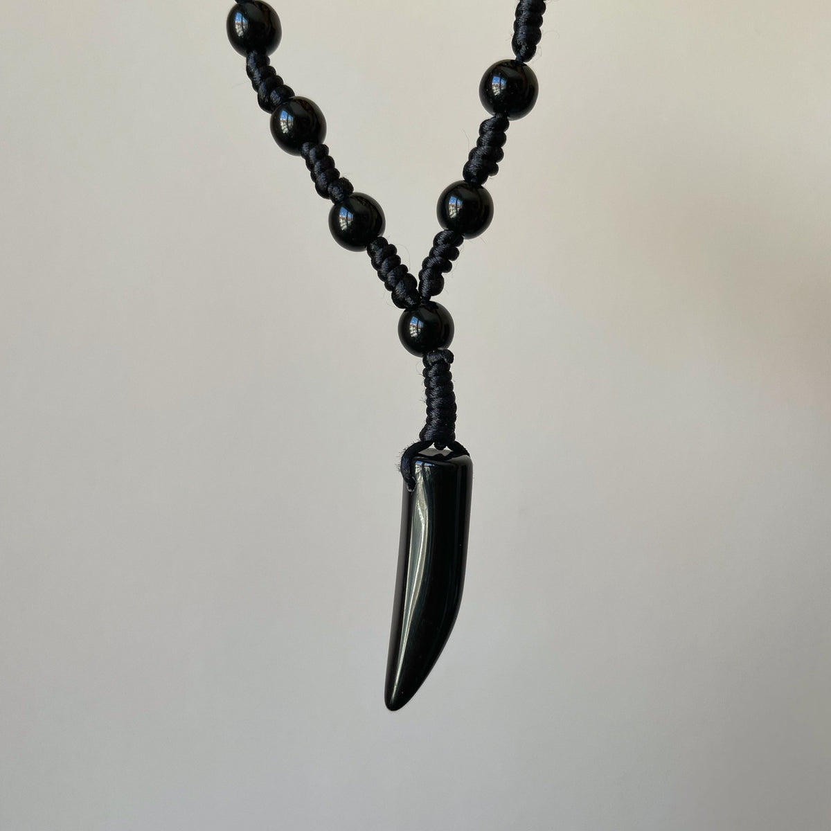 Mens large bead necklace with horn
