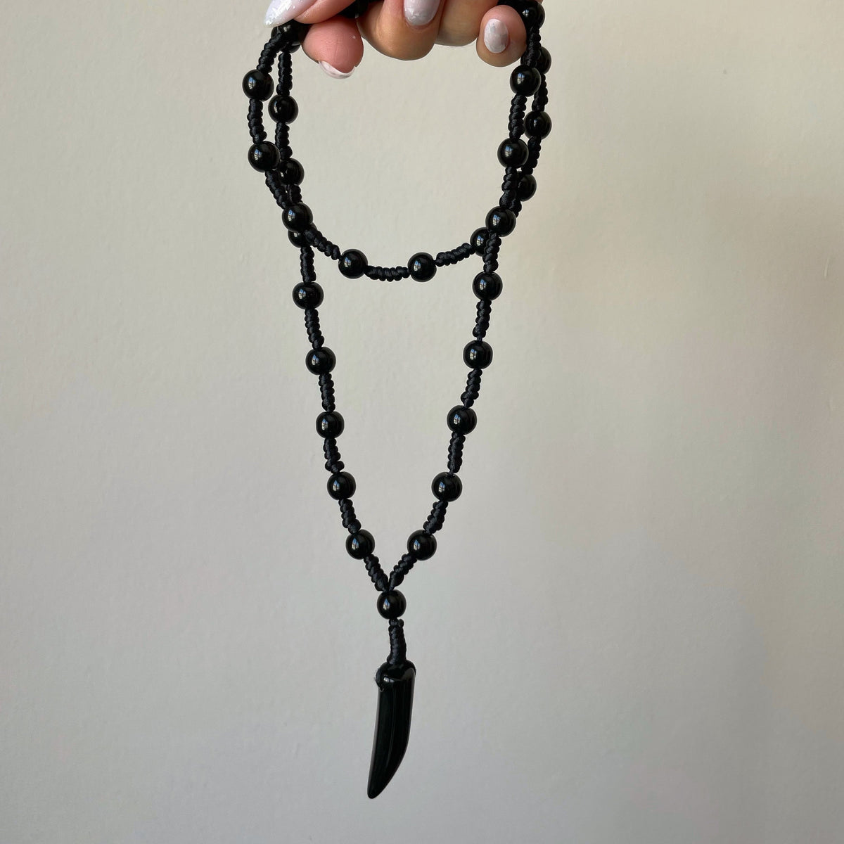 Mens large bead necklace with horn