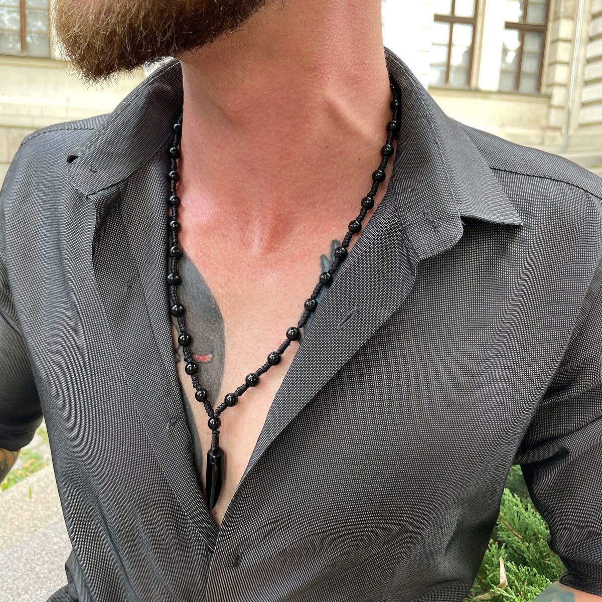 Mens large bead necklace with horn