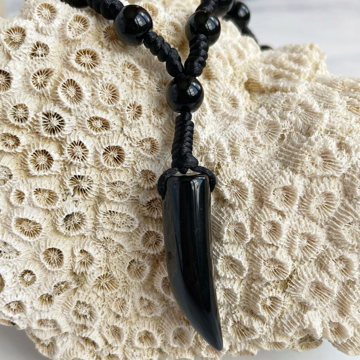 Mens large bead necklace with horn
