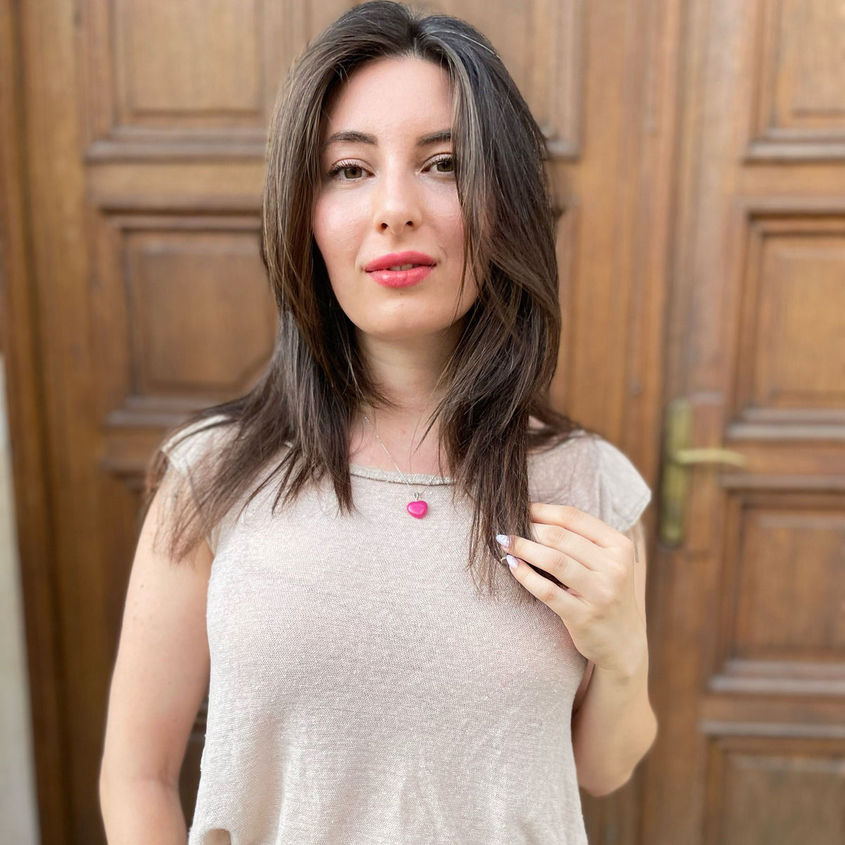 Tiny Pink Agate heart pendant 15mm
